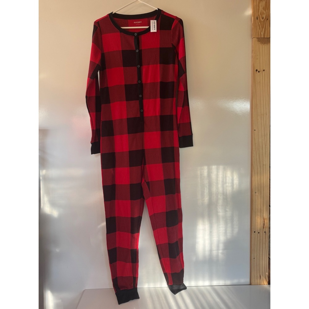 Old Navy Womens Red Black Buffalo Plaid Thermal Waffle Knit Pajama One-Piece M